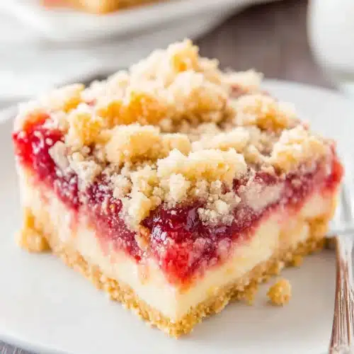 Frozen strawberry lemonade bar slice with crumble topping on a white plate