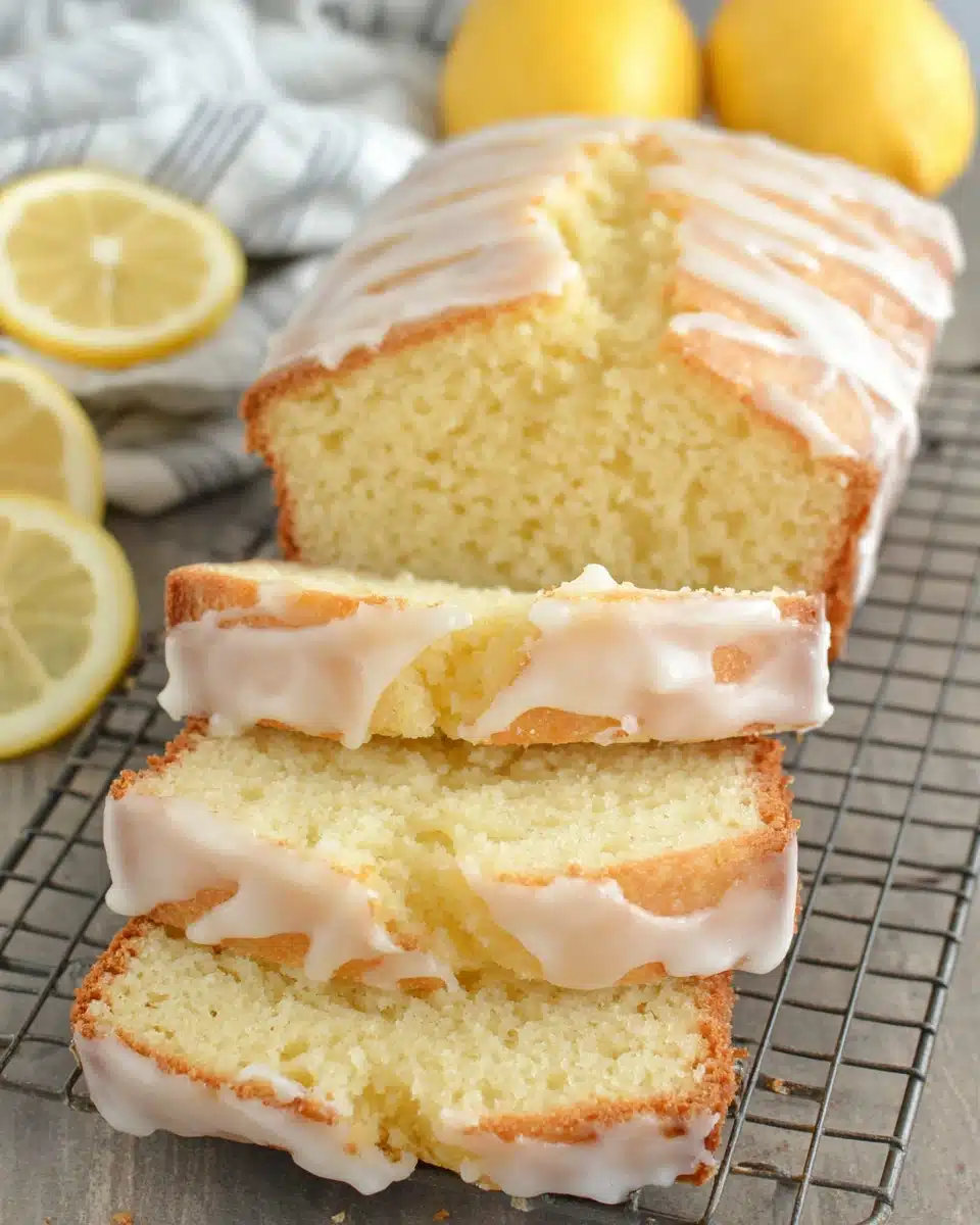 Delicious iced lemon pound cake slices ready to serve.