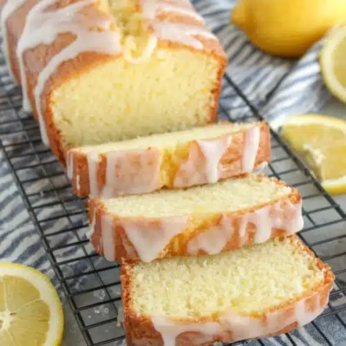 Delicious iced lemon pound cake slices, perfect for dessert.