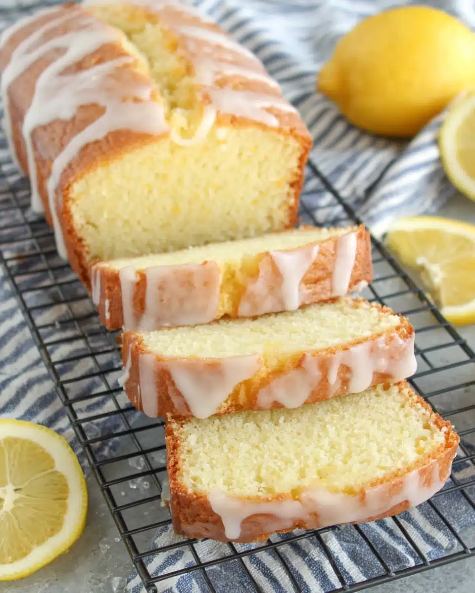 Delicious iced lemon pound cake slices, perfect for dessert.