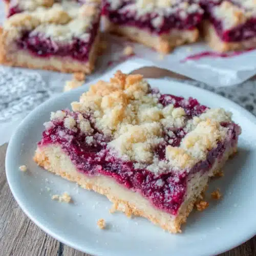 Keto raspberry crumble bars with crumbly topping and juicy filling on a plate
