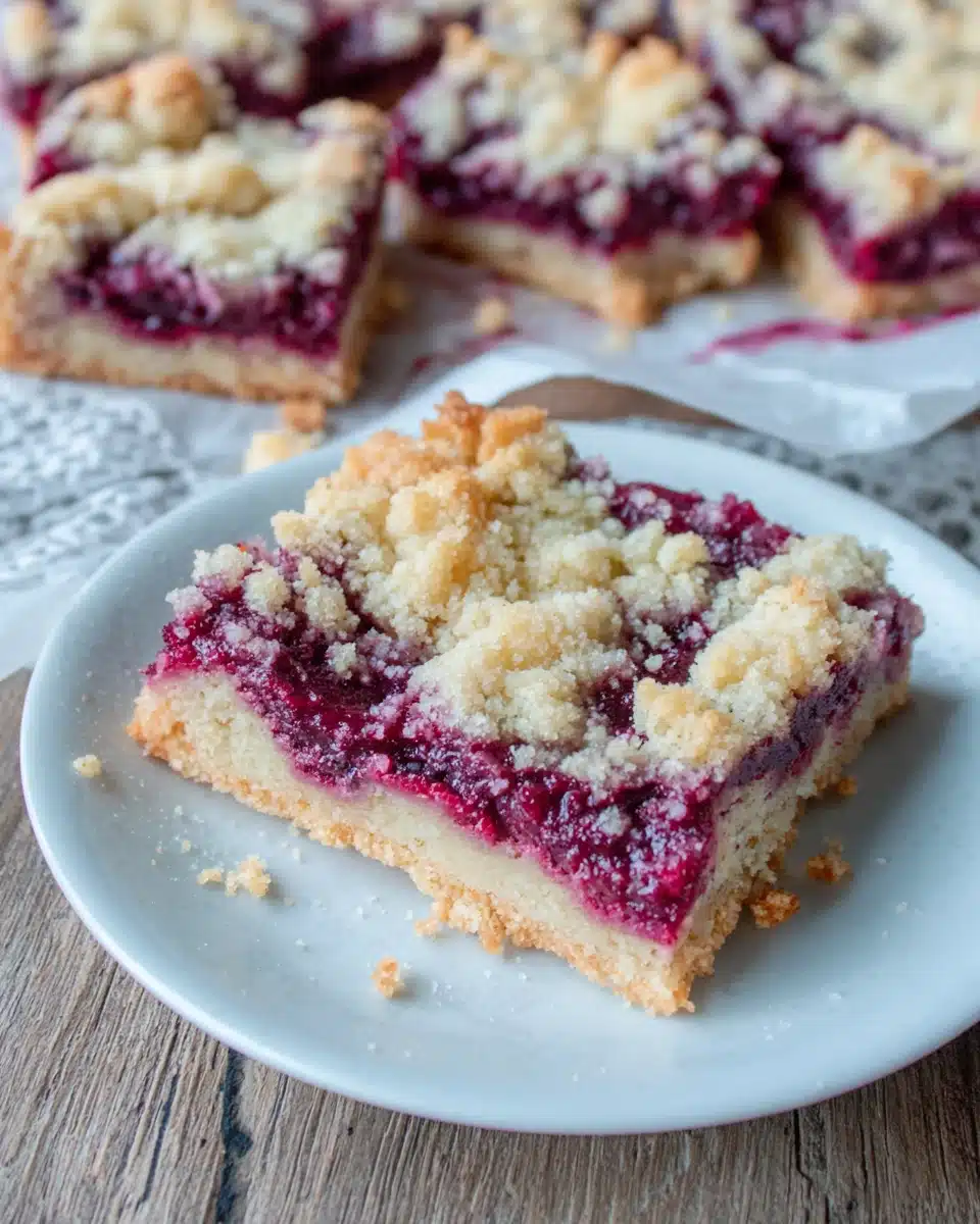 Keto raspberry crumble bars with crumbly topping and juicy filling on a plate