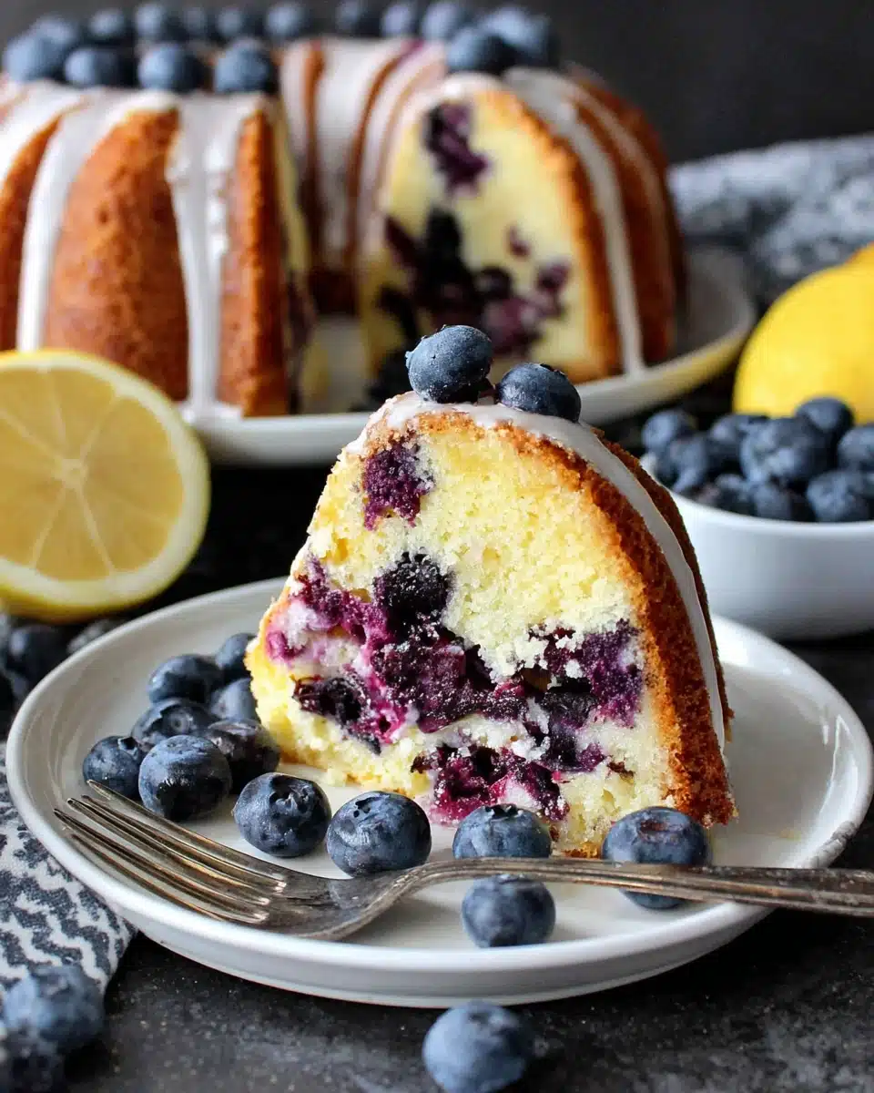 Delicious Lemon Blueberry Bundt Cake Slice Lemon blueberry bundt cake slice with blueberries and lemon.