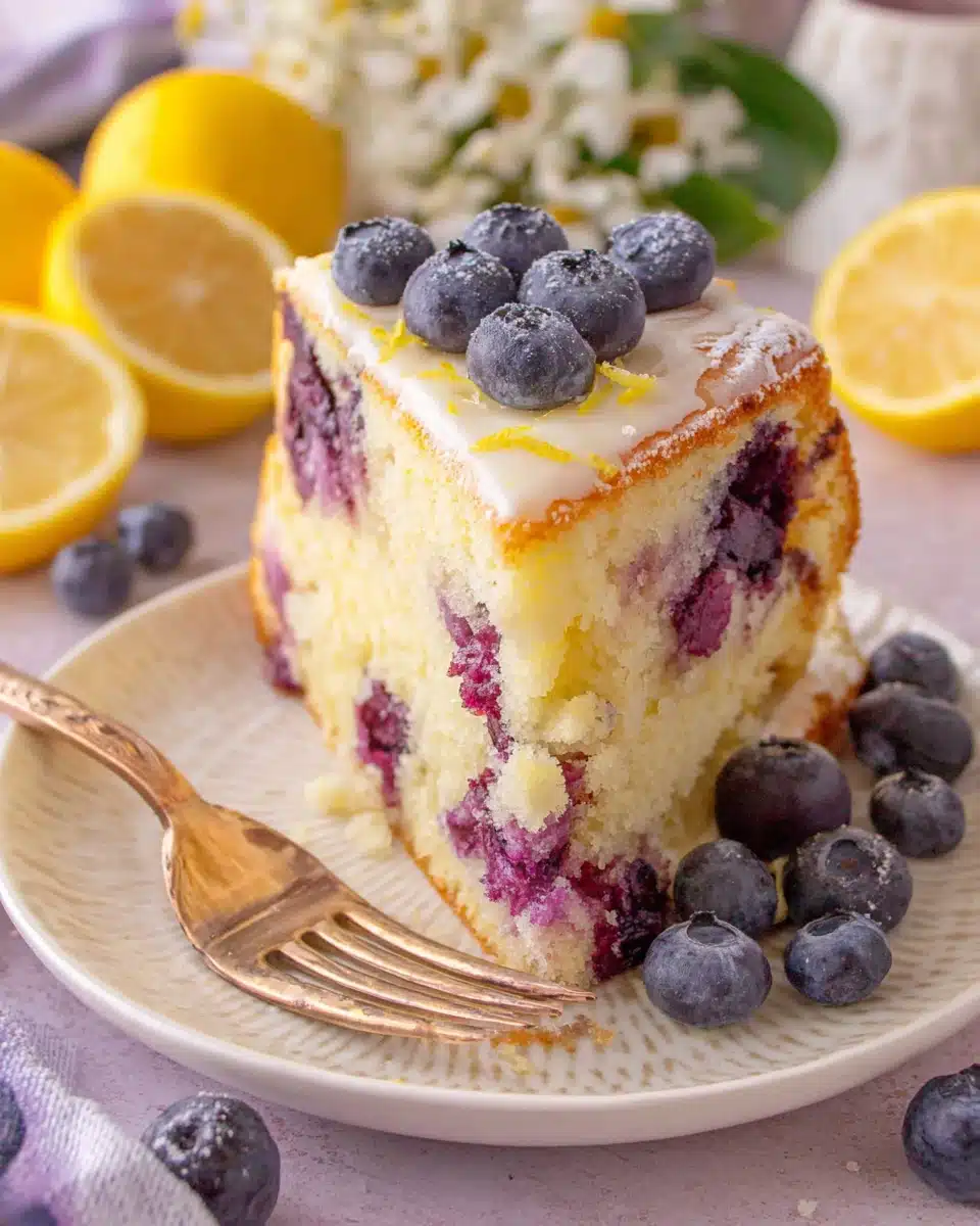 Lemon blueberry buttermilk cake slice on white plate.