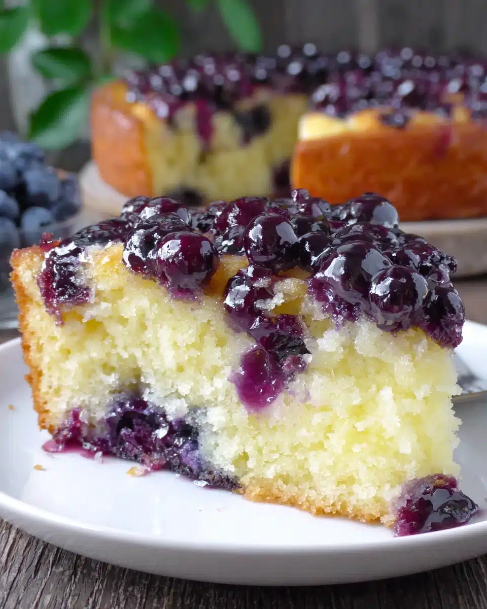 A slice of lemon blueberry cake with juicy blueberry topping on a white plate.