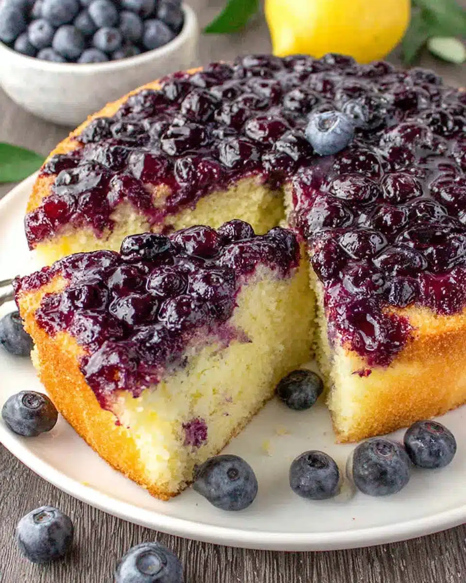 Lemon blueberry cake with juicy blueberries and golden cake layers on a white plate