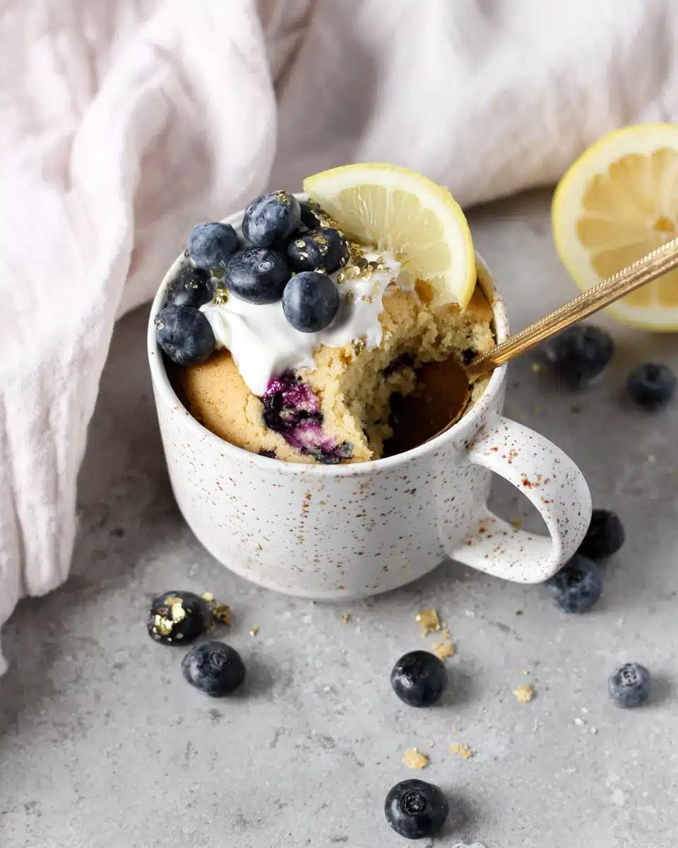 Quick lemon blueberry mug cake for dessert or snack.