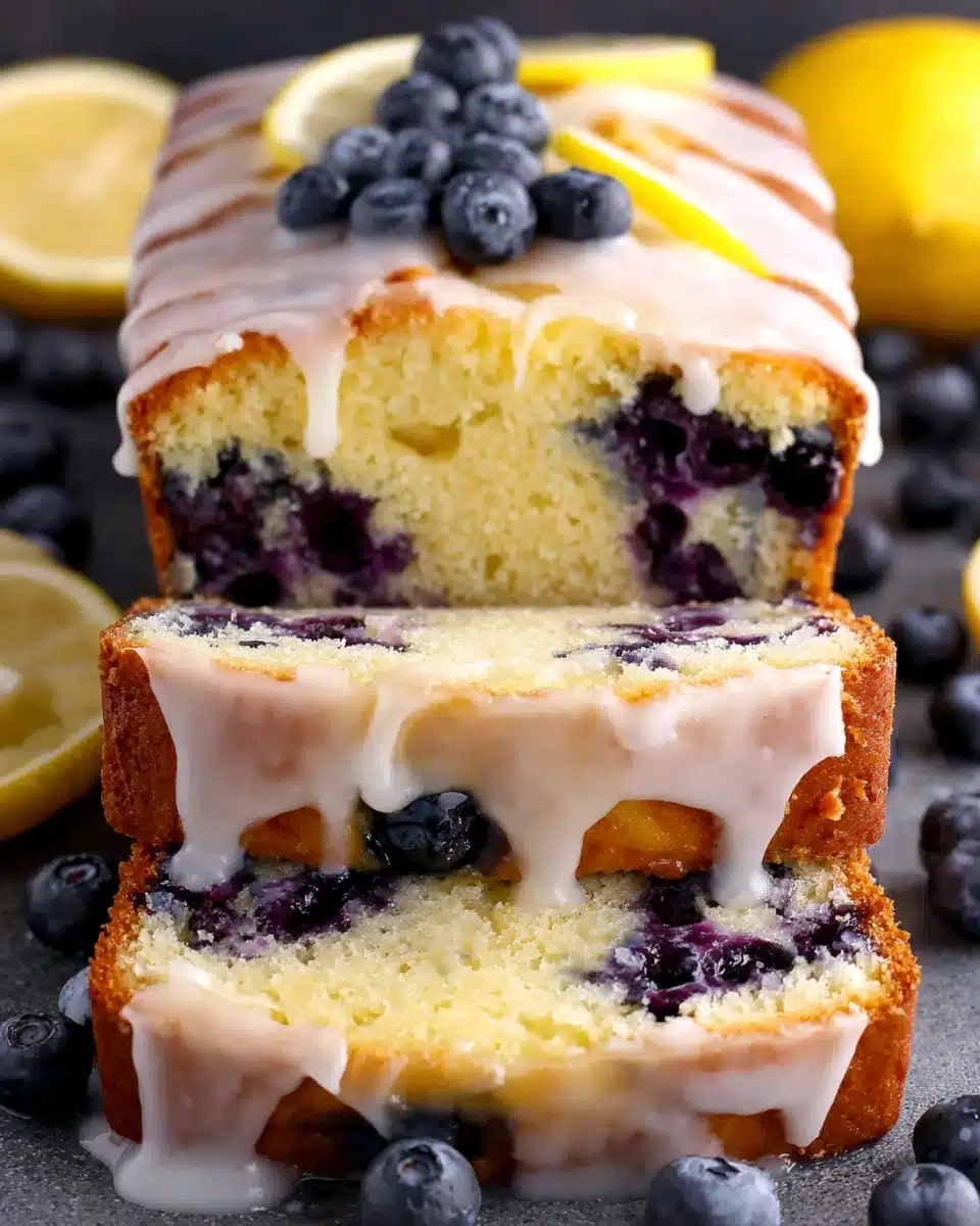 Lemon blueberry pound cake with glaze and blueberries.