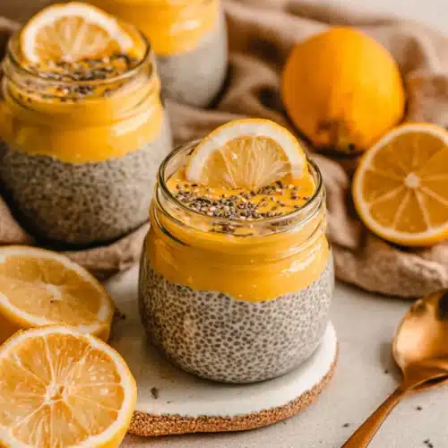 Lemon Cream Chia Pudding: A Refreshingly Easy Dessert 1 Lemon cream chia pudding dessert in jars with lemon slices.