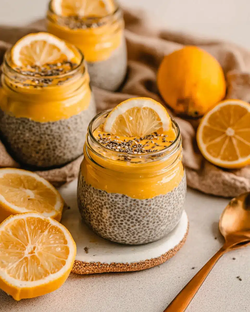 Delicious Lemon Cream Chia Pudding Recipe Lemon cream chia pudding dessert in jars with lemon slices.