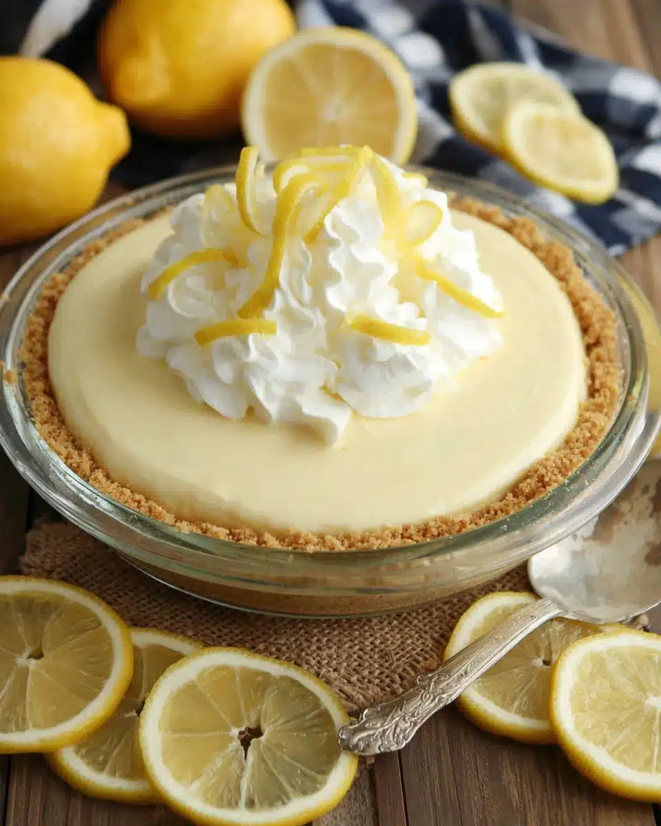 Delicious Lemon Cream Pie with Whipped Cream Topping Lemon cream pie with whipped cream and lemon slices on a wooden table