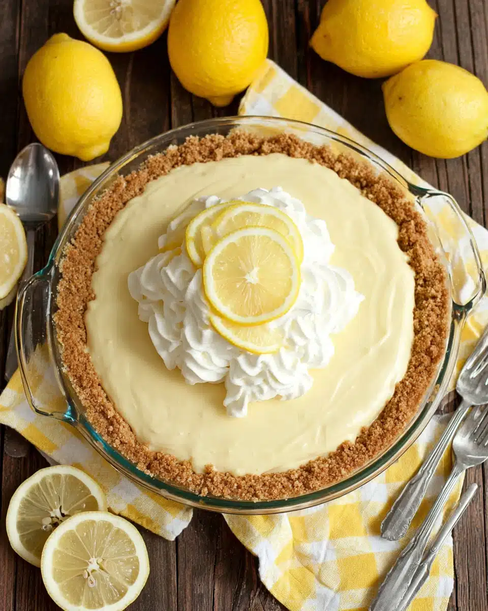 Homemade Lemon Cream Pie with Whipped Cream and Lemon Garnish Lemon cream pie with whipped cream and lemon slices on a wooden table