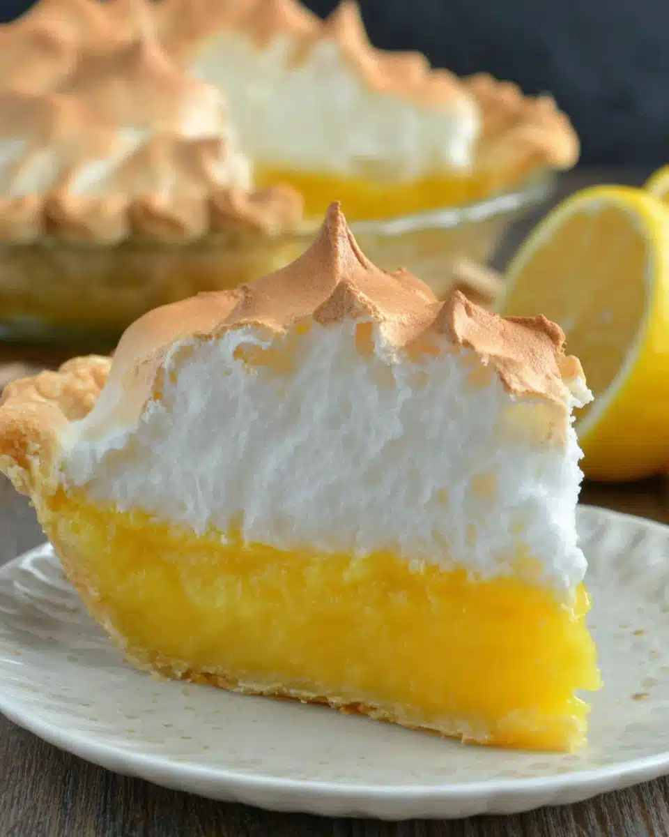 Lemon meringue pie slice with tangy filling and fluffy topping