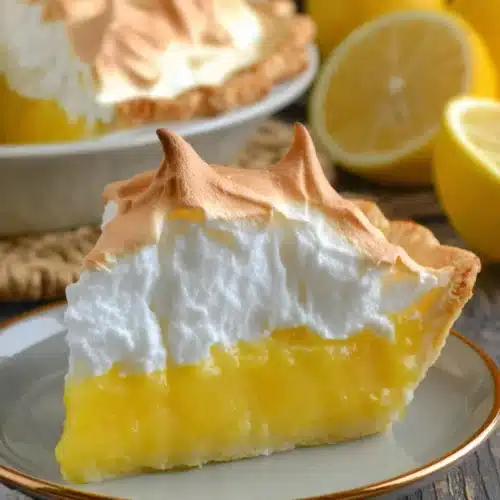 Delicious lemon meringue pie slice with vibrant lemon filling.