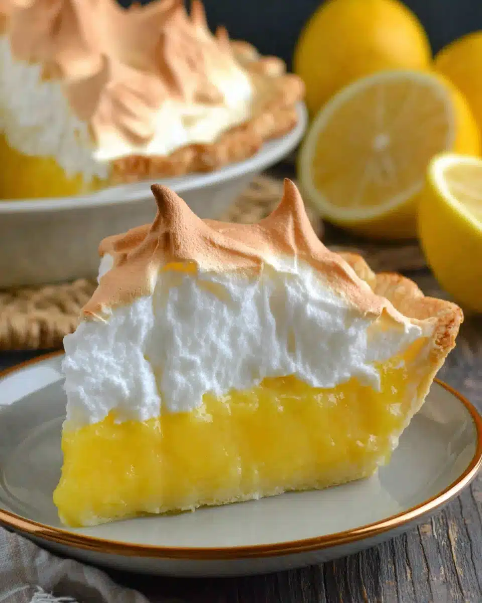 Delicious lemon meringue pie slice with vibrant lemon filling.