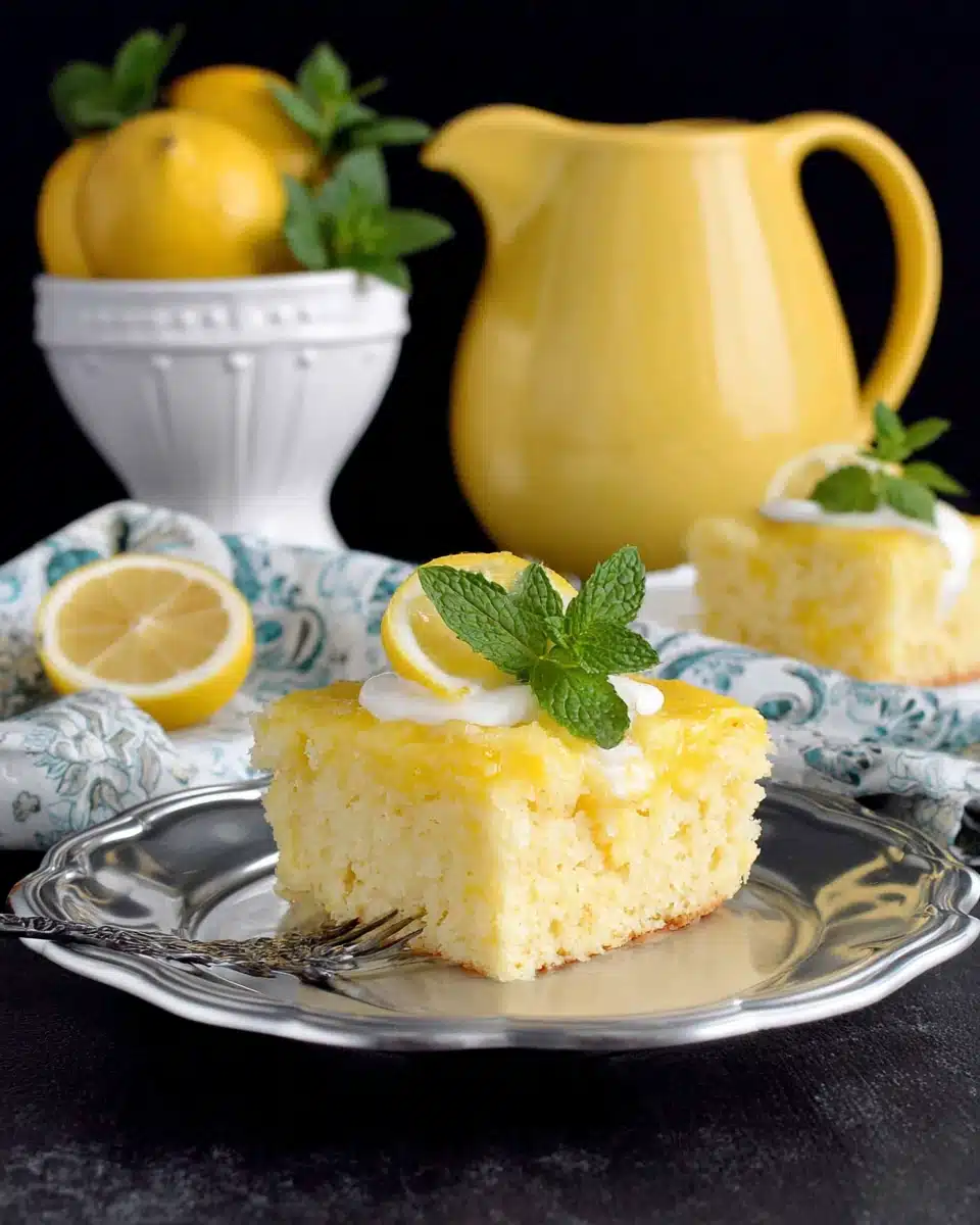 Low carb lemon poke cake served with lemon garnish