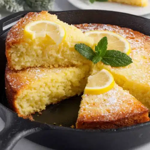 Lemon poke cake low carb served in a skillet.