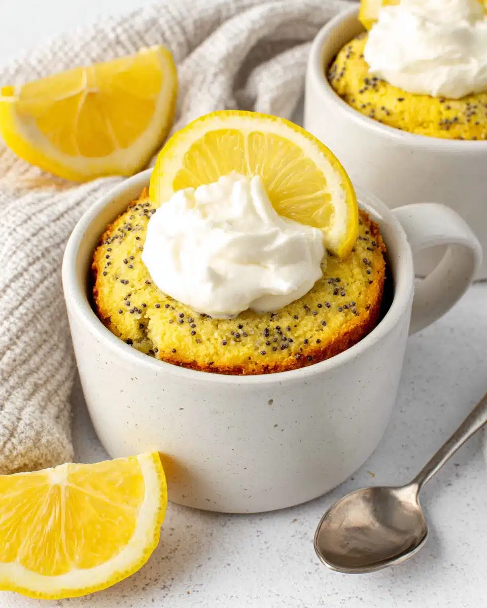 Lemon poppy seed mug cake topped with cream.