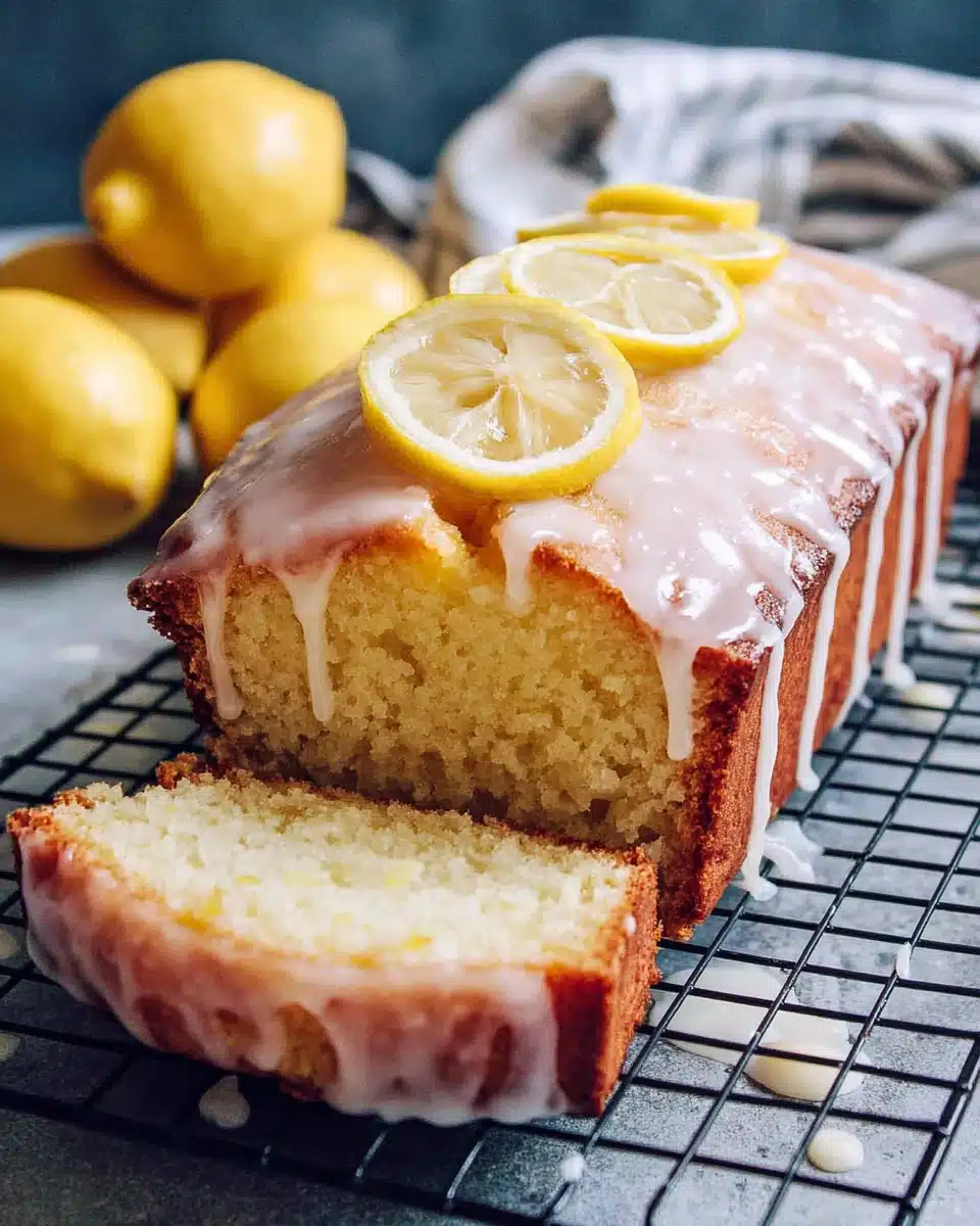 Lemon pound cake glaze on a fluffy cake with lemons.
