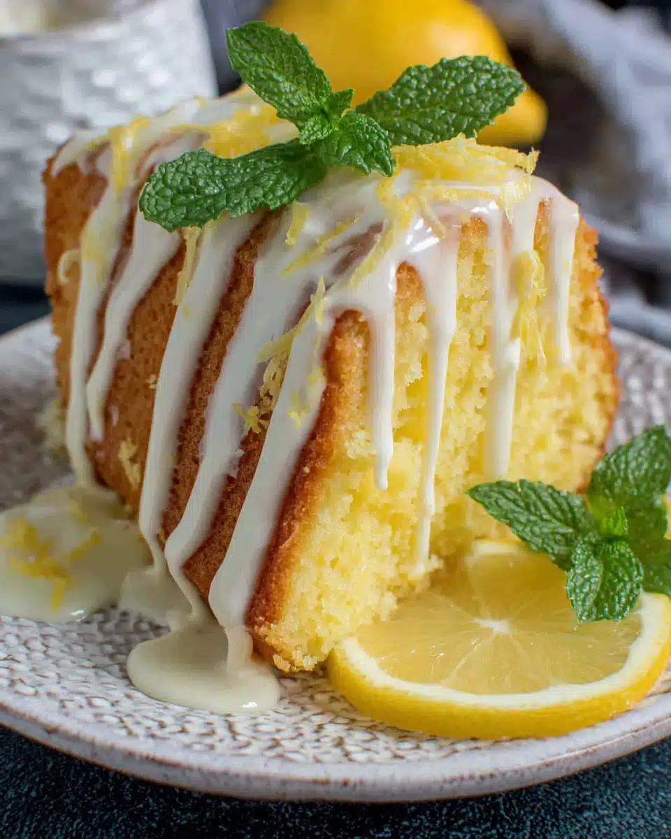 Moist lemon pound cake with glaze, white chocolate drizzle, mint, and lemon garnish