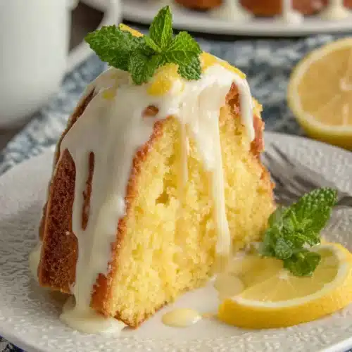 Lemon pound cake with glaze slice on white plate with mint and lemon garnish
