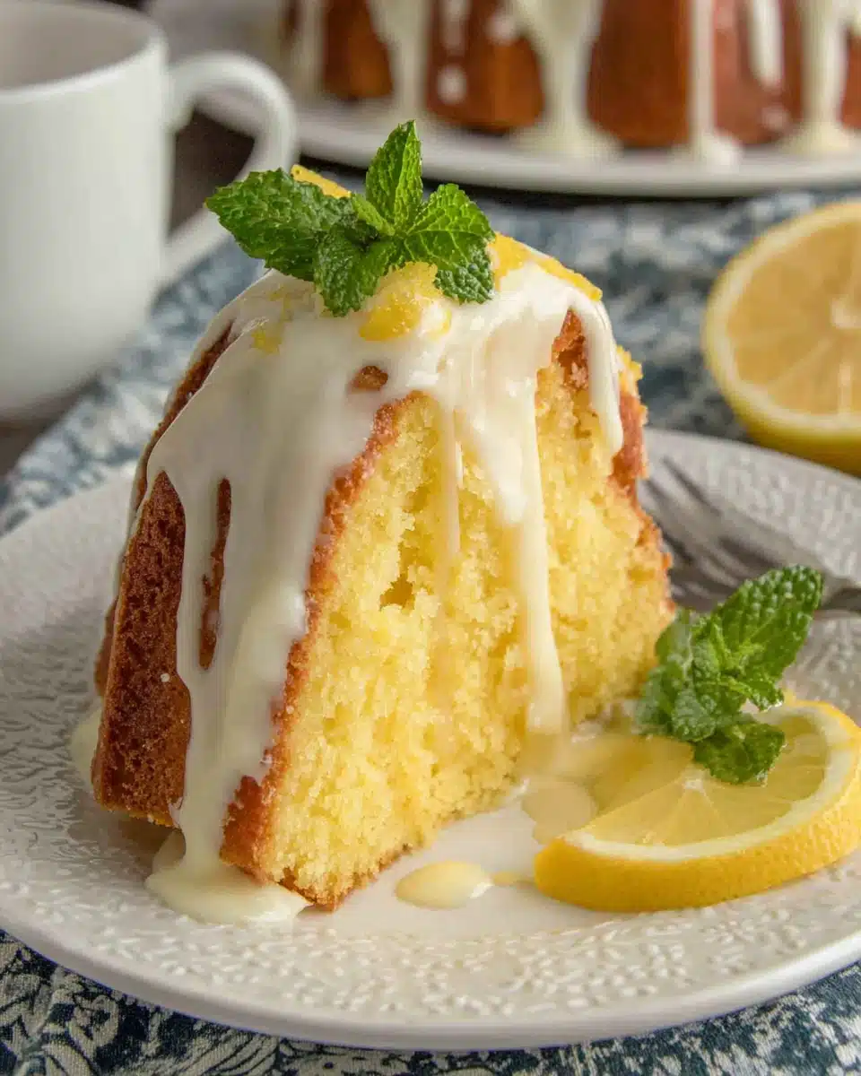 Lemon pound cake with glaze slice on white plate with mint and lemon garnish