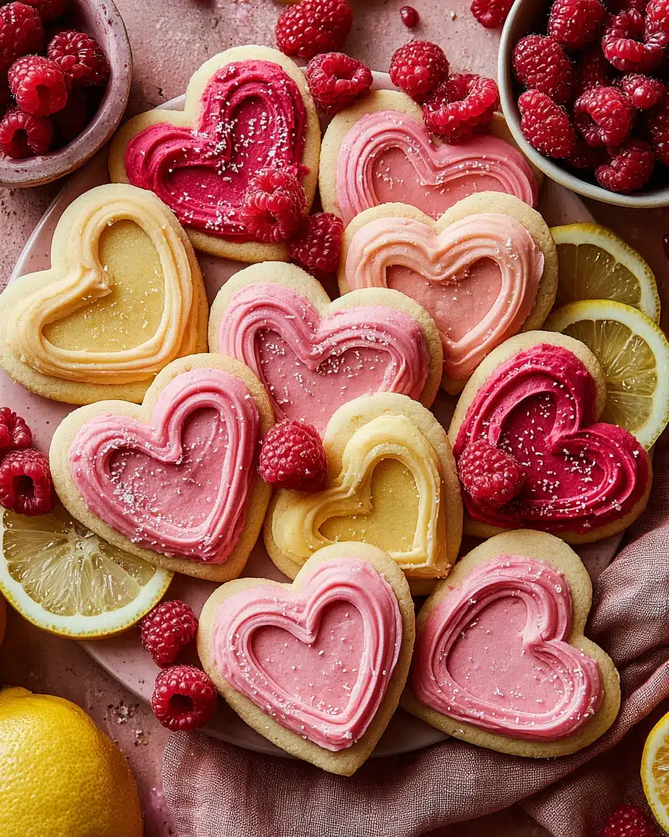 Lemon raspberry heart cookies with pink frosting, perfect for any occasion.