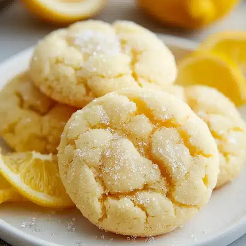 Lemon sugar cookies with lemon slices on a white plate