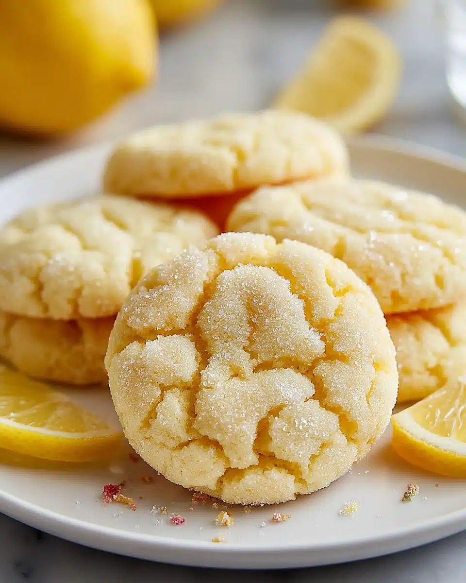 Golden lemon sugar cookies with sugar crystals, lemon slices, and soft lighting