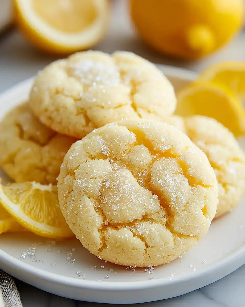 Lemon sugar cookies with lemon slices on a white plate
