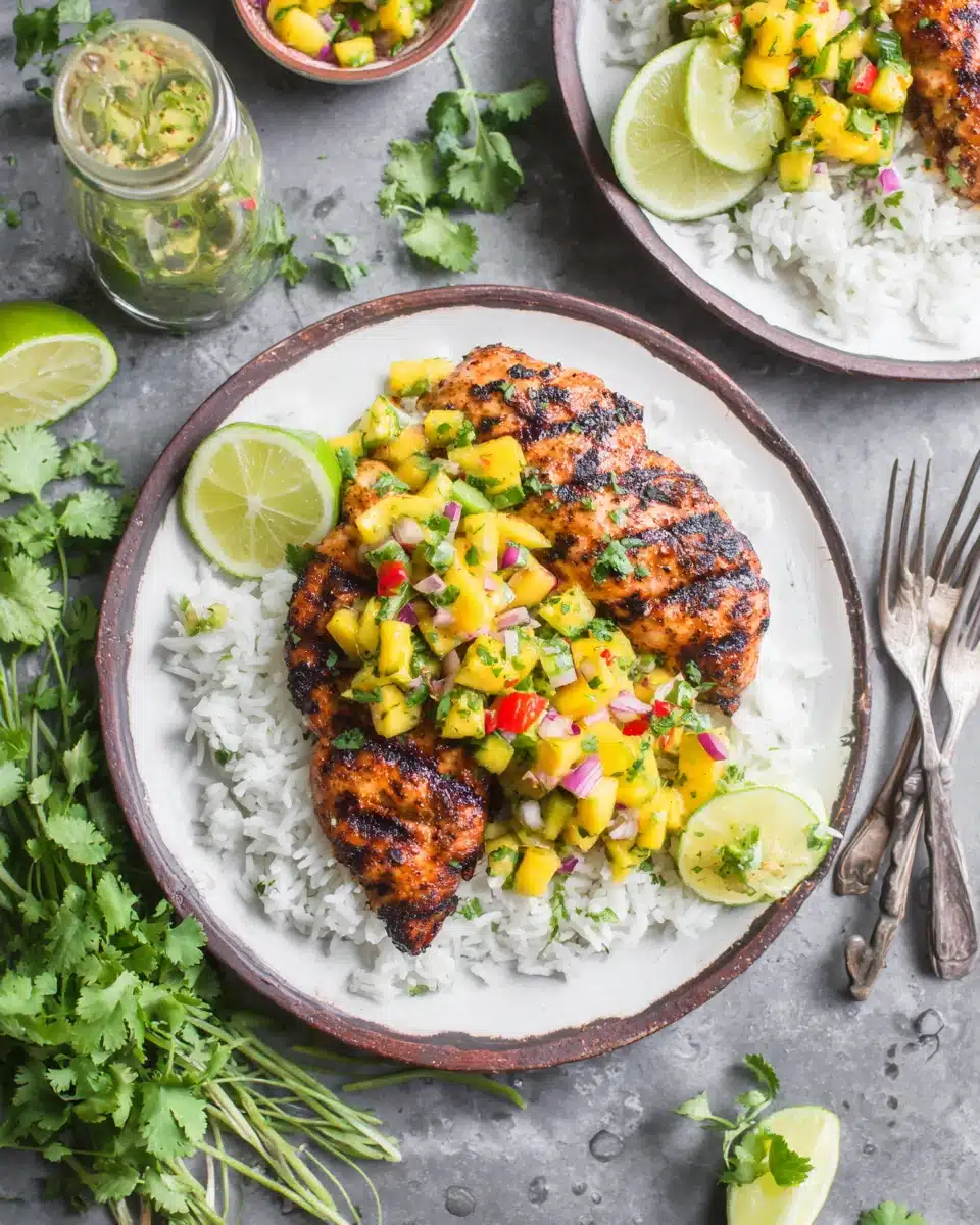 Delicious Mango Salsa Grilled Chicken Recipe Mango salsa grilled chicken with rice and lime wedges.