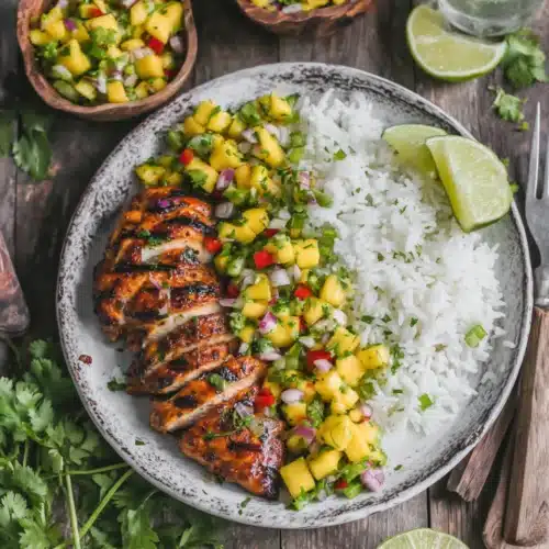 Mango Salsa Grilled Chicken: A Vibrant Weeknight Dinner 1 Juicy mango salsa grilled chicken served with rice.