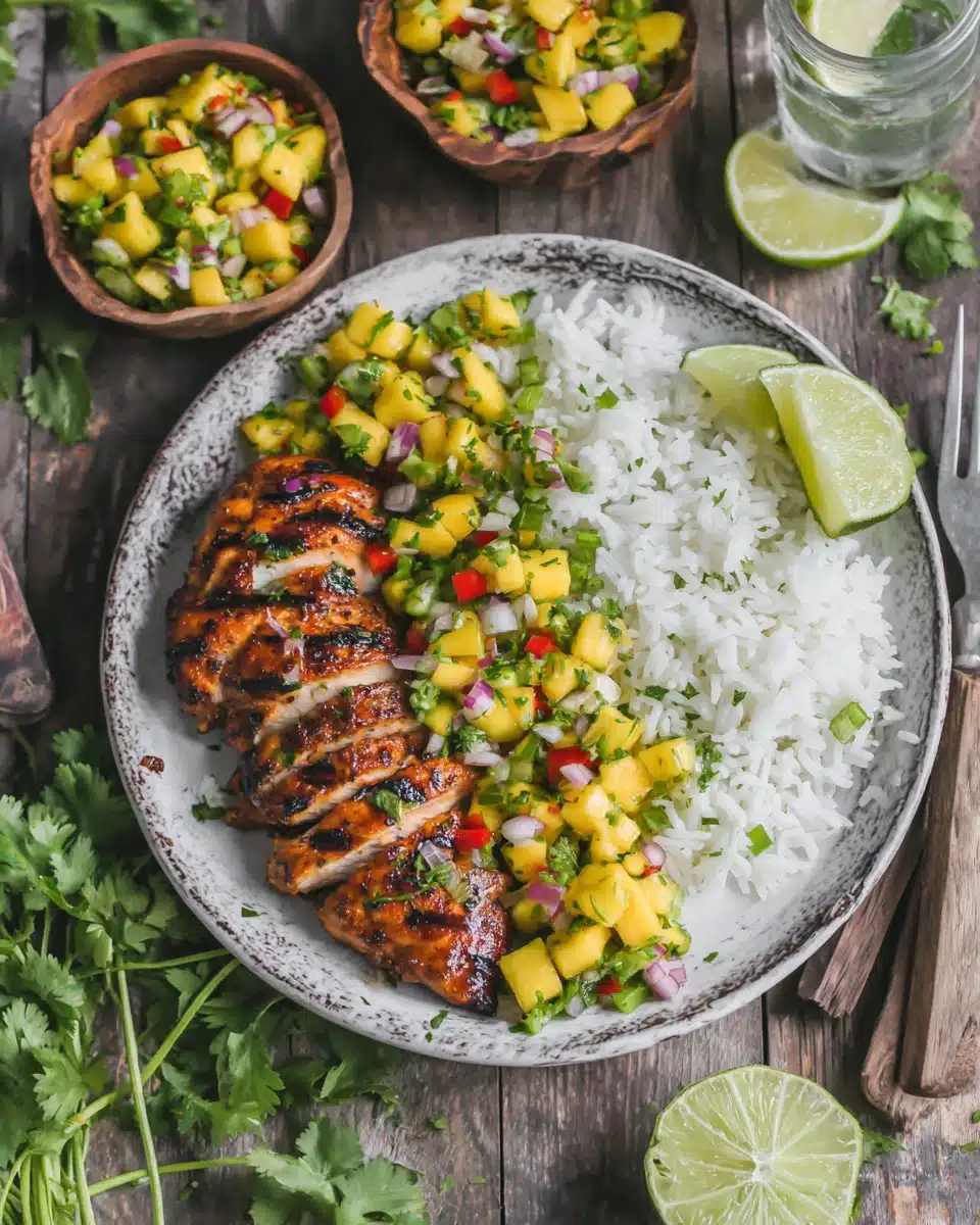 Delicious Mango Salsa Grilled Chicken Recipe Juicy mango salsa grilled chicken served with rice.