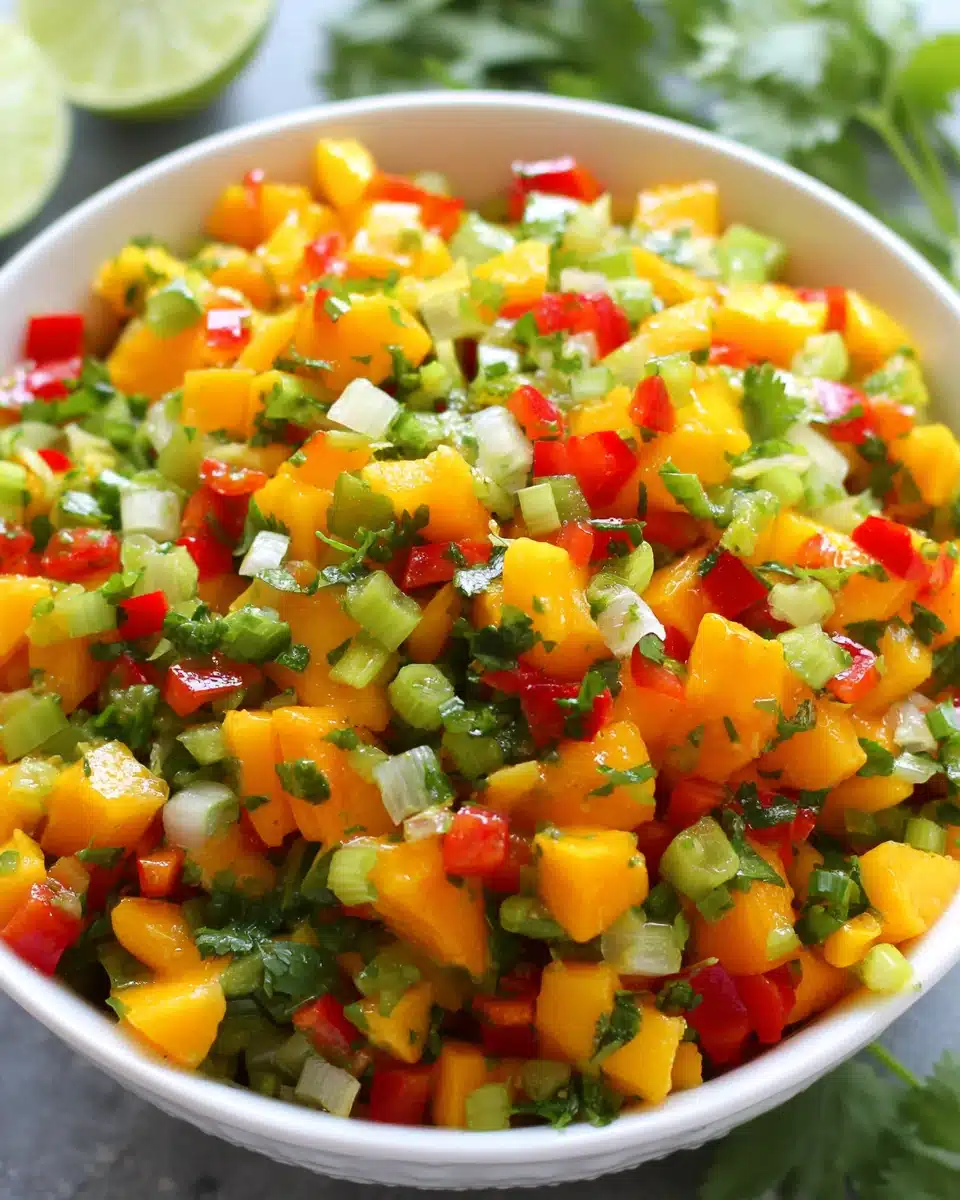 Delicious Mango Salsa Recipe Mango salsa recipe with fresh ingredients including mangos, peppers, and cilantro.