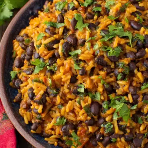 Savory Mexican black beans dish with rice and spices.