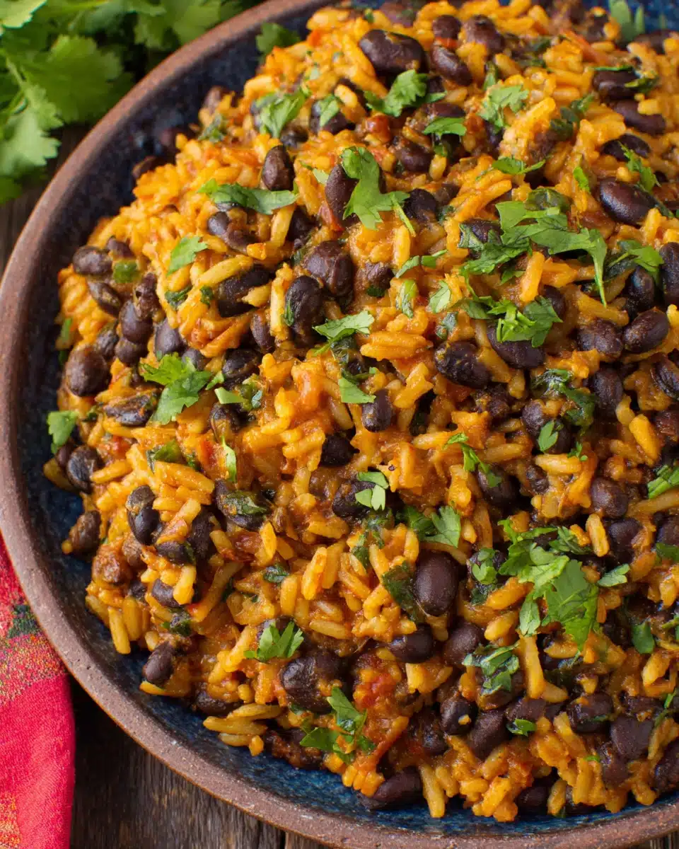 Savory Mexican black beans dish with rice and spices.