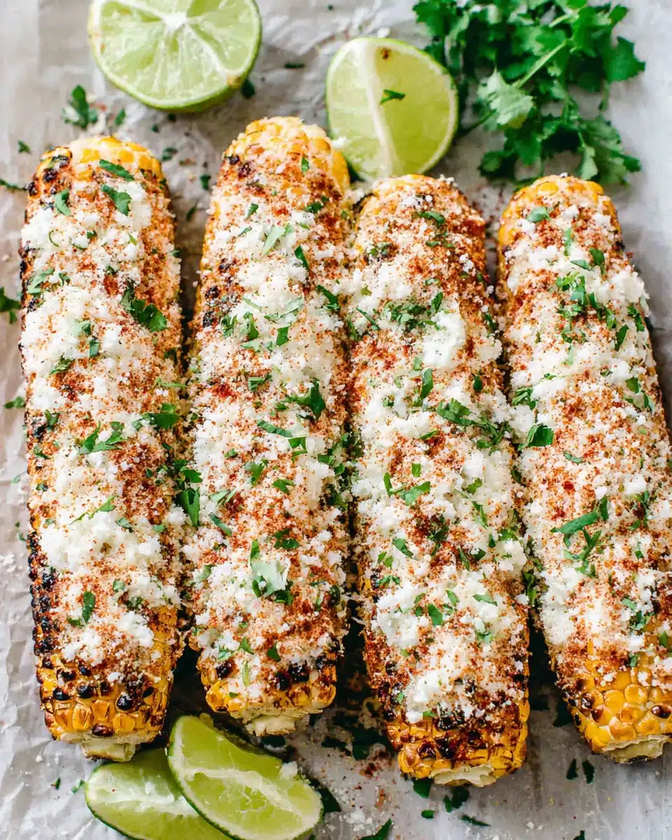 Authentic Mexican Street Corn (Elote) Delicious elote topped with cheese, spices, and lime.