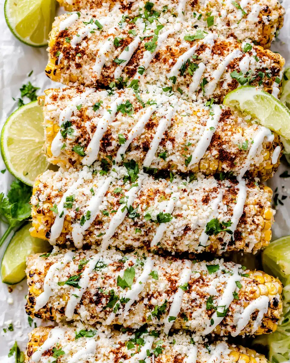 Irresistible Mexican Street Corn (Elote) Mexican street corn (elote) topped with cheese and spices.