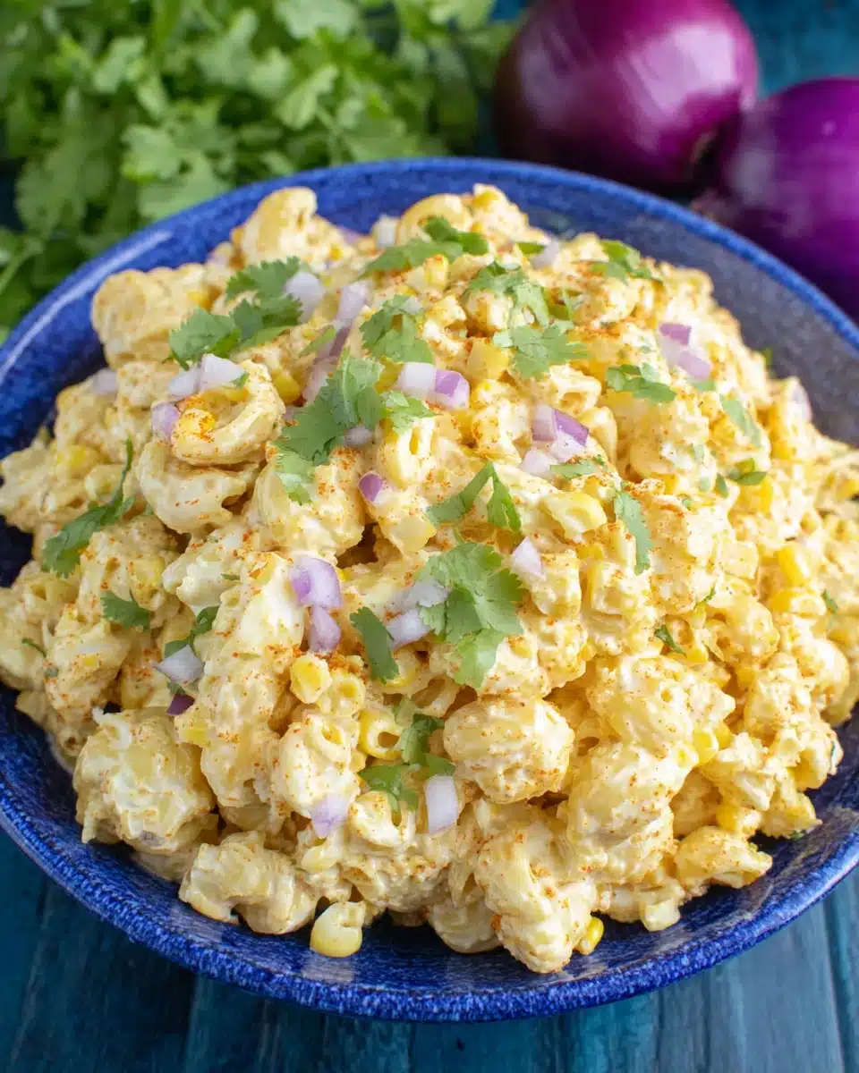 Delicious Mexican street corn pasta salad in a blue bowl.