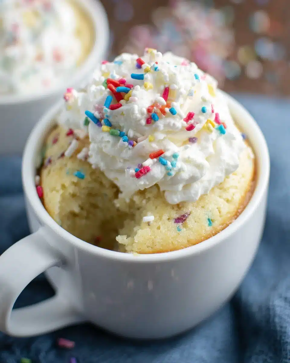 Delicious Microwave Vanilla Mug Cake Microwave vanilla mug cake with whipped cream and sprinkles.