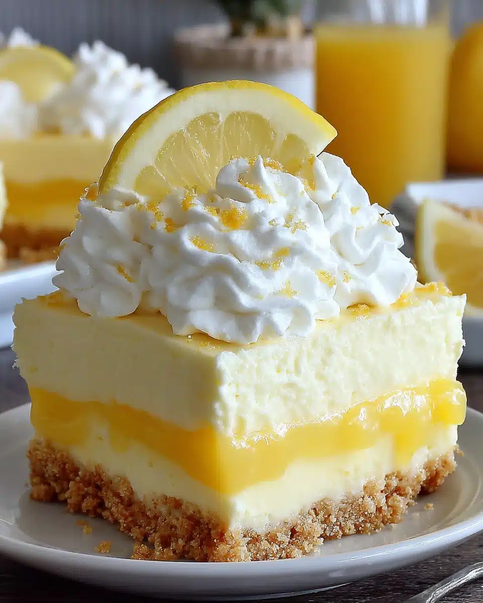 No bake lemon cheesecake bars with a creamy texture and lemon zest.
