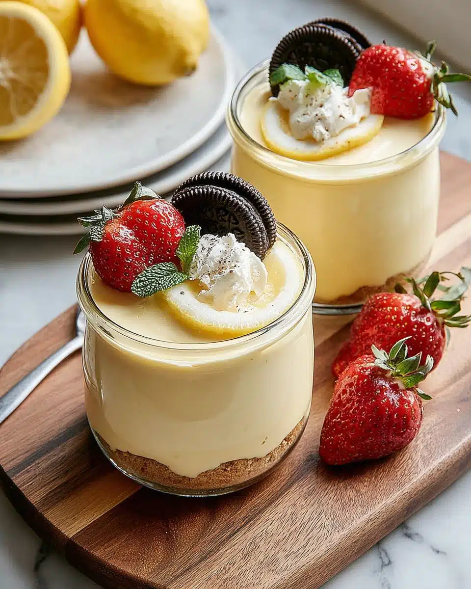 Refreshing no-bake lemon cheesecake parfaits with strawberries.