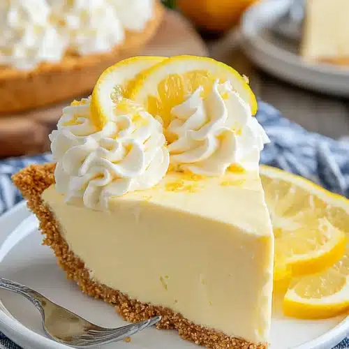 No-Bake Lemon Cream Pie: A Refreshing Delight 1 No-bake lemon cream pie slice with whipped cream and lemon slices.