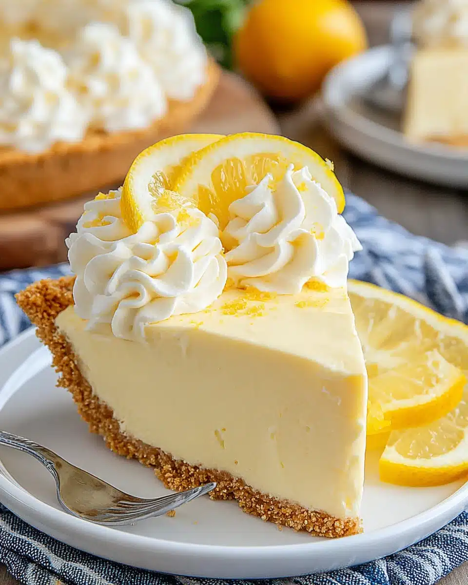 Delicious No-Bake Lemon Cream Pie Slice No-bake lemon cream pie slice with whipped cream and lemon slices.
