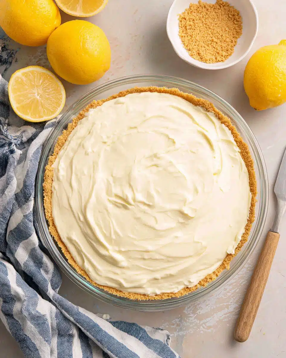 Creamy mixture for no-bake lemon icebox pie with lemon slices.