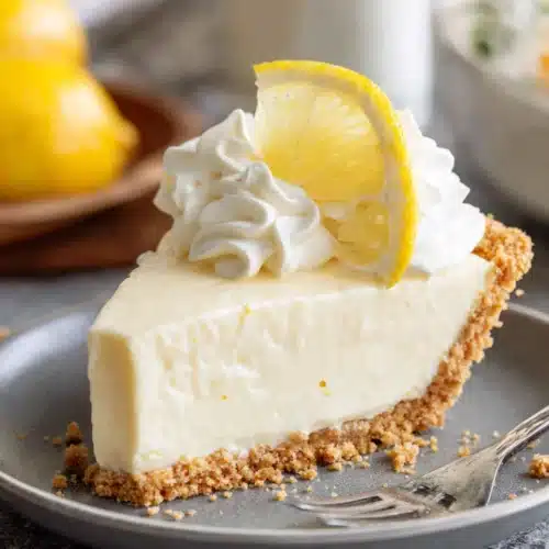 Delicious no-bake lemon icebox pie slice with cream topping.