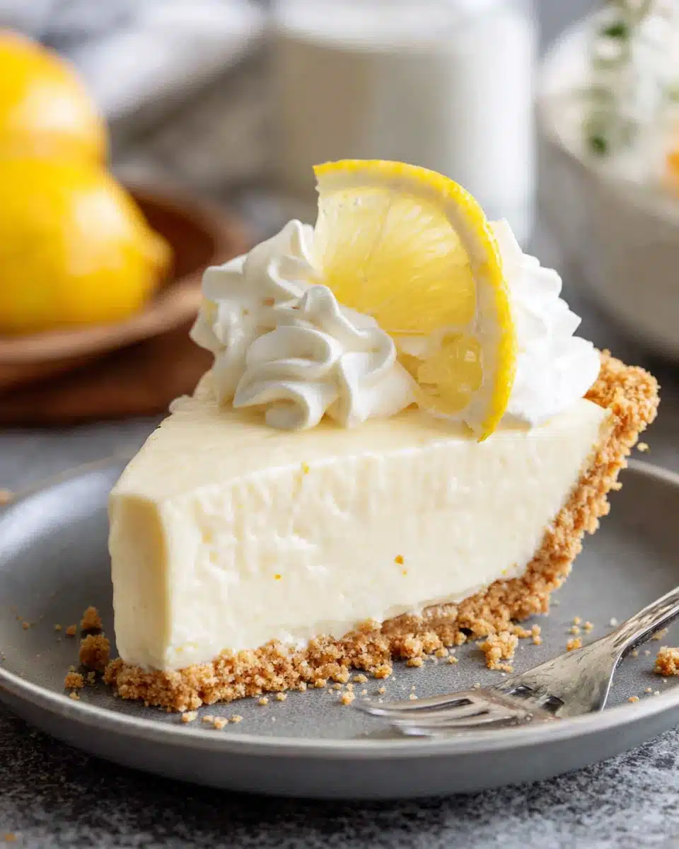 Delicious no-bake lemon icebox pie slice with cream topping.