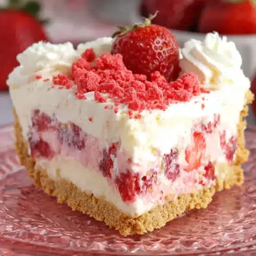 A slice of no-bake strawberry delight with layers of cream cheese, strawberries, and graham cracker crust