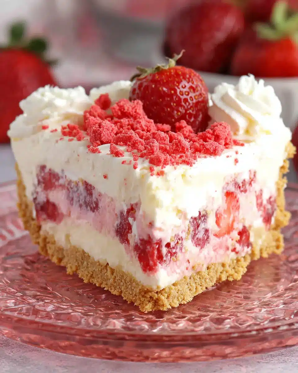 A slice of no-bake strawberry delight with layers of cream cheese, strawberries, and graham cracker crust