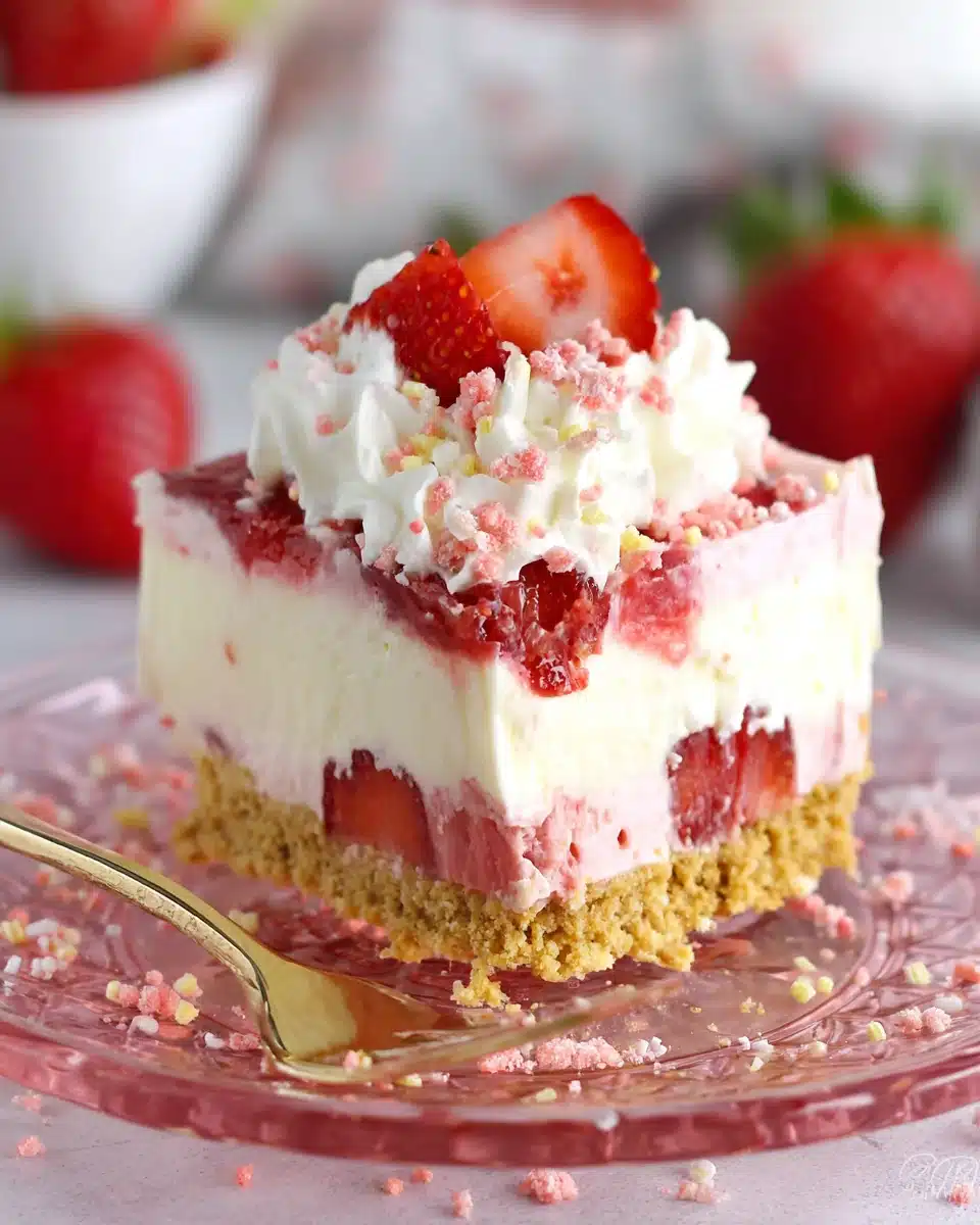 A slice of no-bake strawberry delight with layers of graham cracker crust, cream cheese, strawberries, and whipped cream.